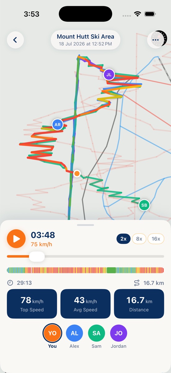 Group ski run with live friend positions on map