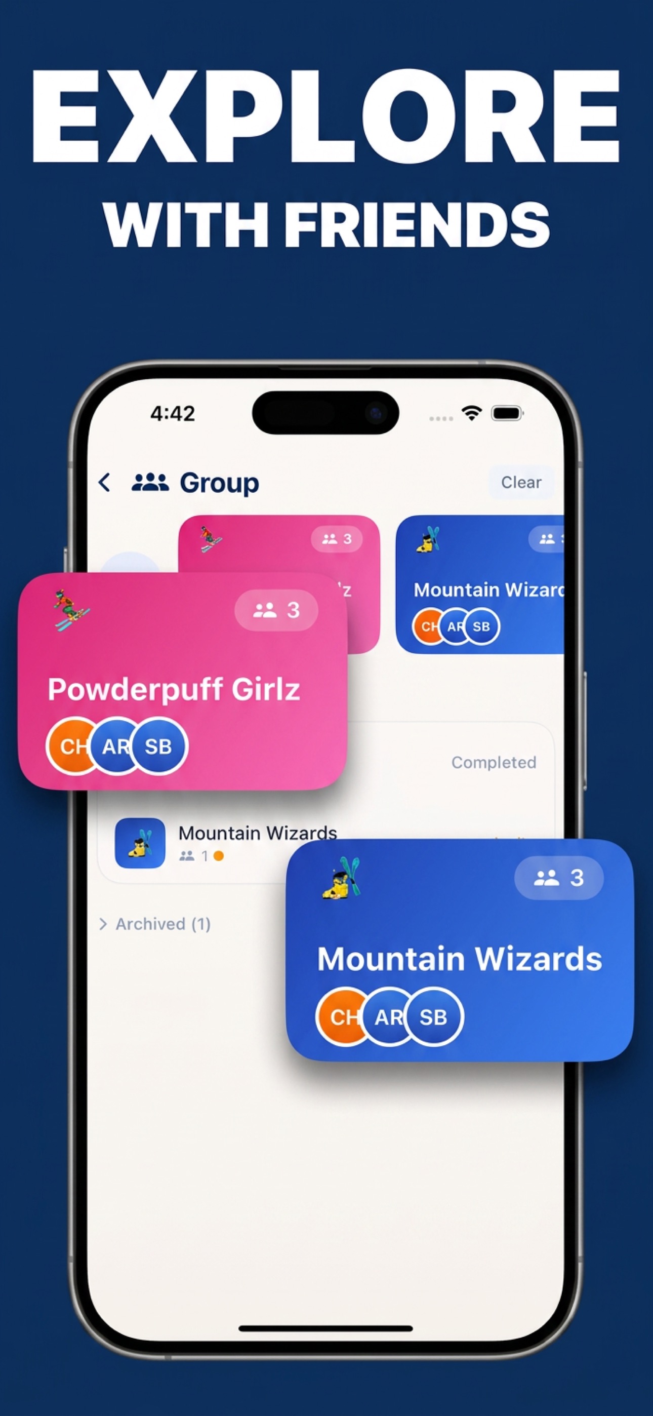 Group skiing with live friend locations on the resort map