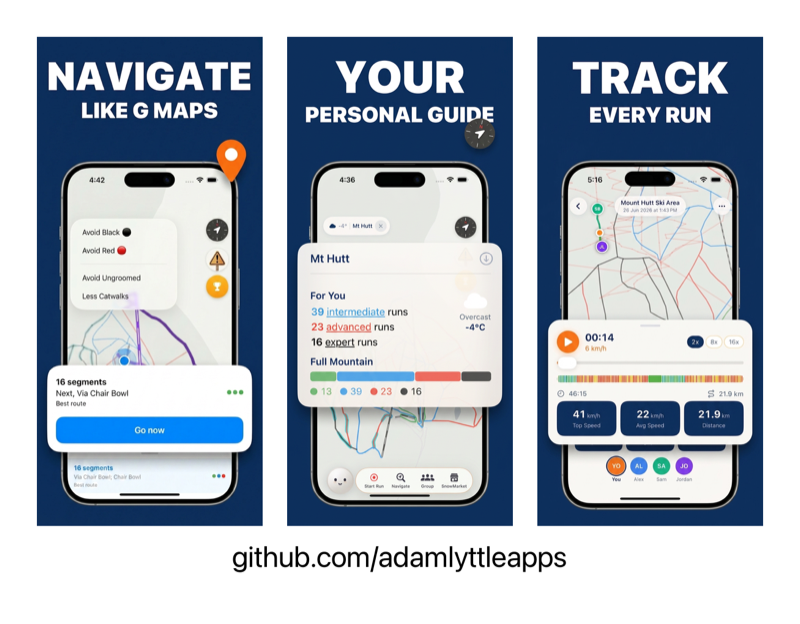 SnowRun app showing resort map with navigation and run tracking